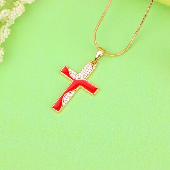 "Rose Gold Cross Pendant with Red Enamel and CZ Stone Detailing, XPPT1399 - Picture 13 of 13